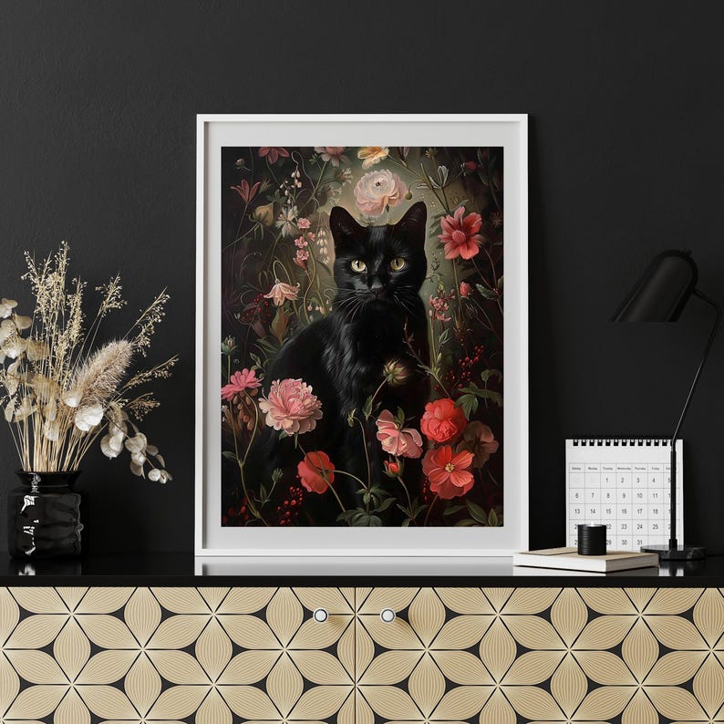 May include: A black cat with green eyes sits in a lush garden of pink and red flowers. The cat is surrounded by greenery and foliage, creating a dark and mysterious atmosphere.