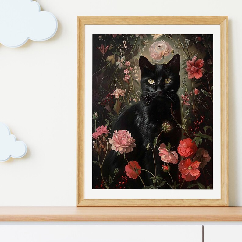 May include: A black cat with green eyes sits in a lush garden of pink and red flowers. The cat is surrounded by greenery and foliage, creating a dark and mysterious atmosphere.