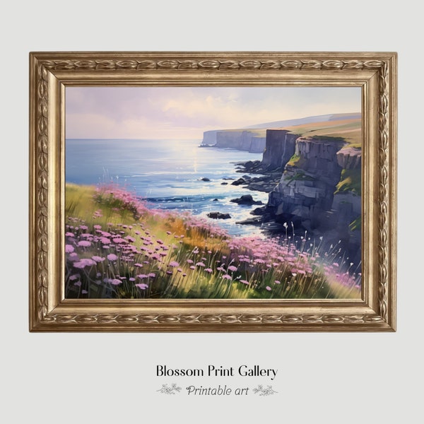 Seascape Landscape Painting purple Coastal Beach wall art wildflower field Art Decor Antique Ocean Waves art Summer Print PRINTABLE 555