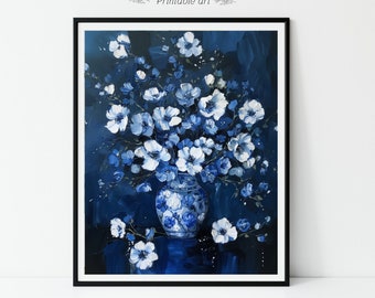 Moody blue Flower Oil Painting Antique Still Life Art Print Farmhouse Decor Rustic Botanical wall art Dark Academia Floral PRINTABLE 538