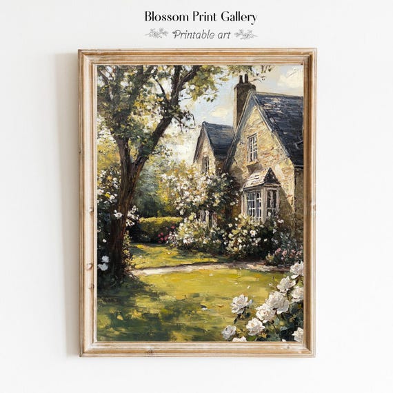 Vintage English Cottage oil Painting, flower Garden art, Living Room Decor, Spring Print, Summer country Farmhouse PRINTABLE CottageCore 981