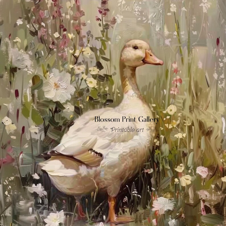 May include: A white duck with a yellow beak stands in a field of white and pink flowers. The duck is facing the right side of the image. The background is a soft green and white.