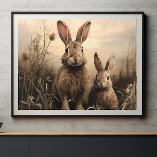 Vintage Rabbit Painting Rustic hare Art Nursery Wall decor Countryside Art Antique Printable Bunny Animal farmhouse Digital Download