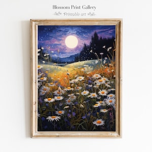 Midnight Meadow Printable CottagecoreDecor Moody Vintage Art  Enchanting  Moon Wall Art Night Sky Painting Aesthetic Dark Academia 539