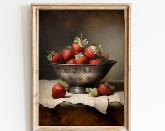 Moody Strawberry Painting Vintage Fruit Still Life Kitchen Home Decor Antique Oil Painting Country Kitchen Wall Art PRINTABLE Digital 531