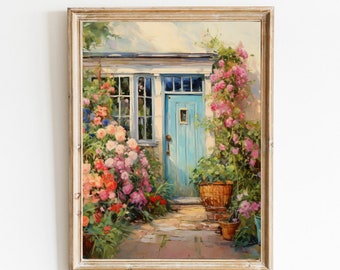 Vintage summer Door Oil Painting Rustic Spring Wall Art Farmhouse Decor Romantic Garden print rose garden printable landscape art 577