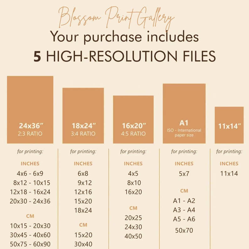 May include: A graphic with the text "Blossom Print Gallery" and "Your purchase includes 5 HIGH-RESOLUTION FILES." It lists print sizes in inches and centimeters, including 24x36, 18x24, 16x20, A1, and 11x14.