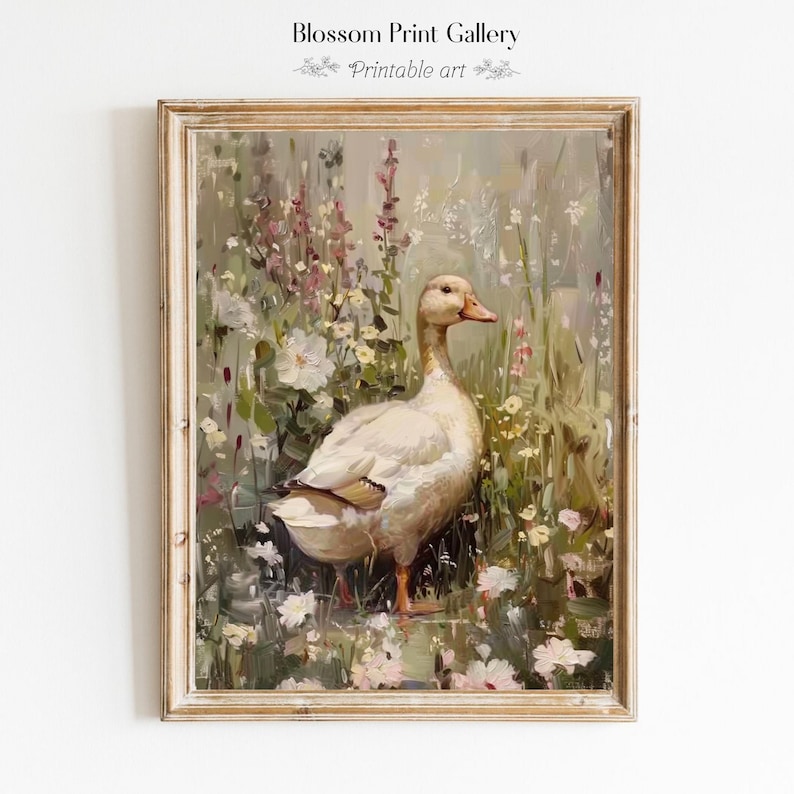 May include: A white duck standing in a field of wildflowers. The duck is facing the right side of the image. The flowers are in shades of pink, white, and yellow. The background is a soft, muted green.