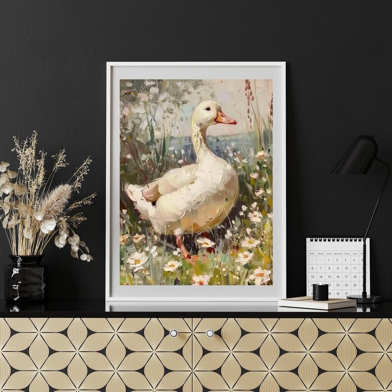 May include: A white duck with a yellow beak stands in a field of white and yellow flowers. The duck is facing to the right and has its head turned to the left. The background is a blurry green and brown.