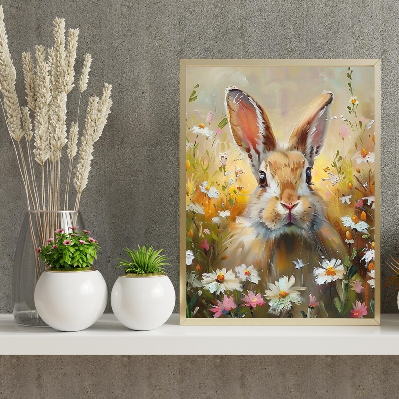 May include: A painting of a brown rabbit with white fur sitting in a field of white and pink flowers. The rabbit has long ears and a fluffy tail. The background is a soft yellow and green.