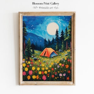 Camping At Night Painting tent wall Art Aesthetic night landscape print Moody Decor Nursery decor Colorful Forest Digital Download 492
