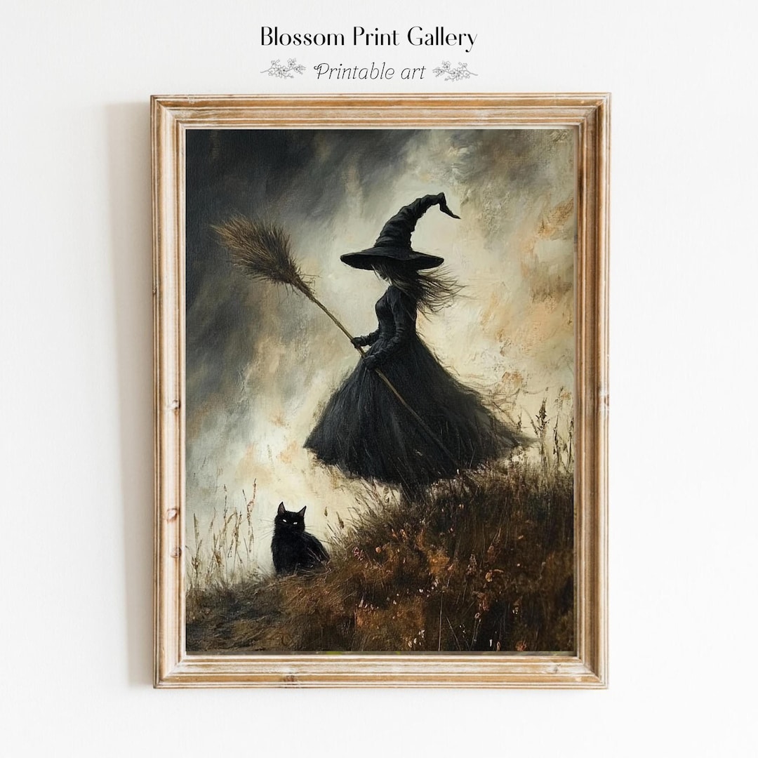 Witch and Cat Art Print Vintage Halloween Poster Whimsical Black Cat ...