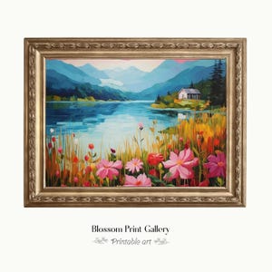 Spring Summer Bright mountain Lake Landscape Print, colorful Painting, Farmhouse Decor, Wildflower Scenery Art, Floral PRINTABLE 1041