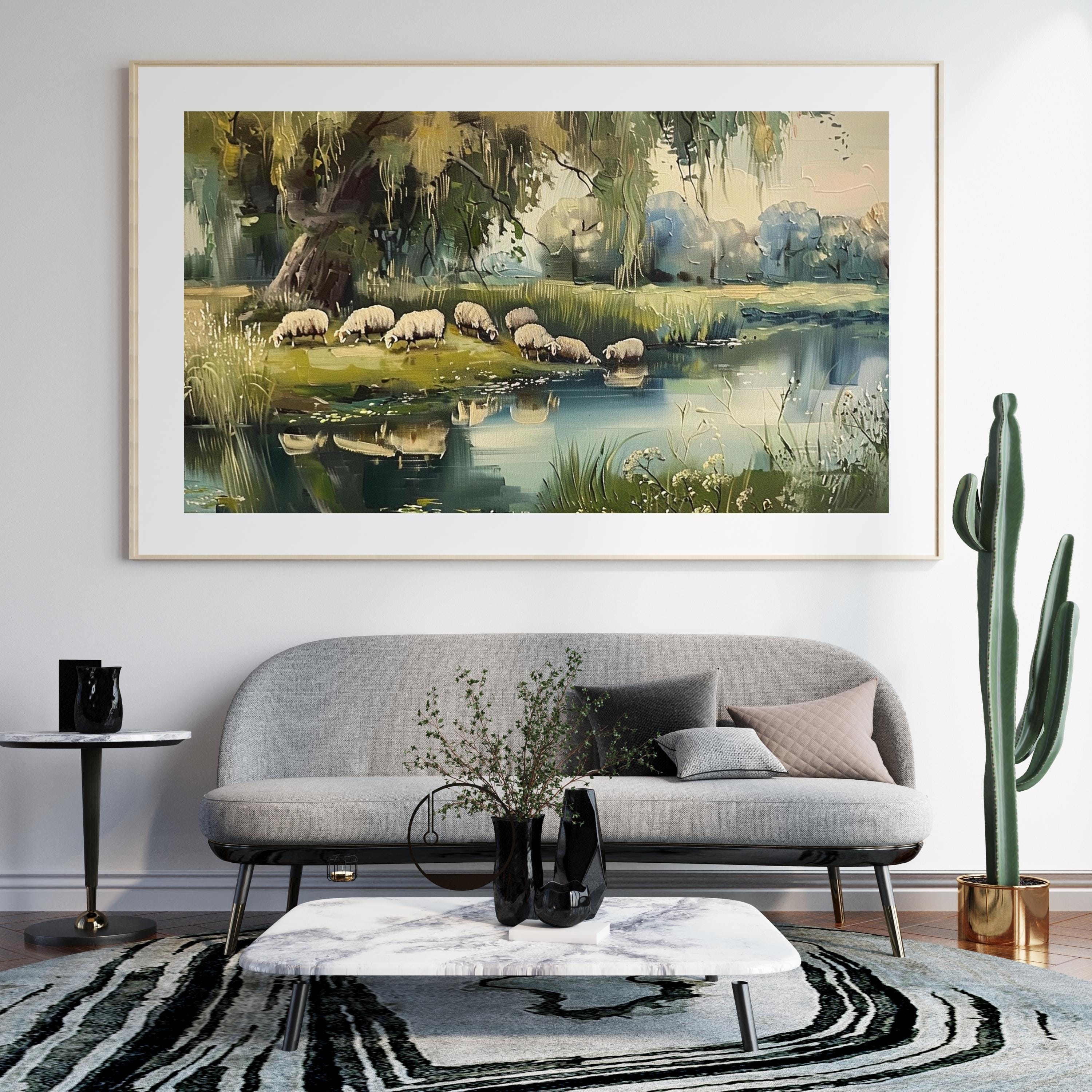 Vintage Sheep Oil Painting | Farmhouse Pastoral Landscape (digital ...
