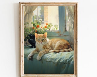 Ginger Cat Painting Still life Art Countryside wall Art Rustic farmhouse Neutral art cat Printable cat lovers gift Download 420