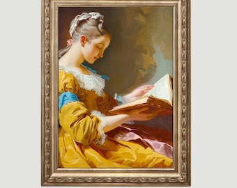 Antique Portrait Woman Reading vintage Book art Vintage Print Bedroom Wall Decor Still life Decor woman in yellow dress Digital Download 501