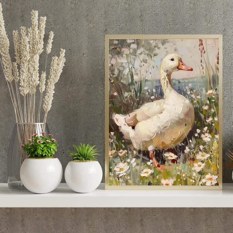 May include: A painting of a white duck standing in a field of white flowers. The duck is facing to the right and has its head turned to the left. The background is a blurry image of a pond and trees.