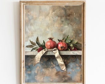 Moody Pomegranate Painting Vintage Fruit Still Life Kitchen Home Decor Antique Oil Painting Country Kitchen Wall Art PRINTABLE Digital 551