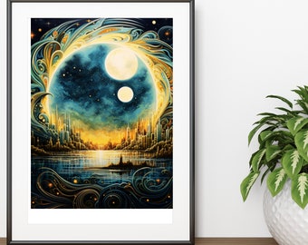 Fantasy Night sky, Celestial Wall Art, Moody  Painting Print, Dark Academia Decor,  Aesthetic, Moon and Stars Wall Decor, Digital Download