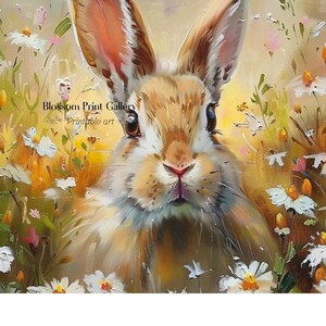 May include: A close-up of a brown and white rabbit with long ears, looking directly at the viewer. The rabbit is surrounded by a field of white and yellow flowers.