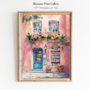 Charming Bookstore Art, Vintage bookshop print, Library decor, Book Lovers Gift, Floral Pink Bookshop art CottageCore printable 994