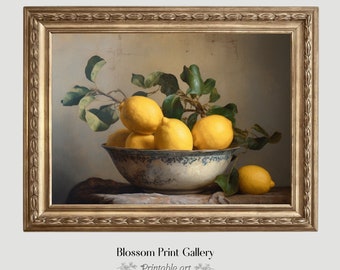 Moody Lemons Painting Vintage Fruit Still Life Kitchen Home Decor Antique Oil Painting Country Kitchen Wall Art Fruit  PRINTABLE Digital 321