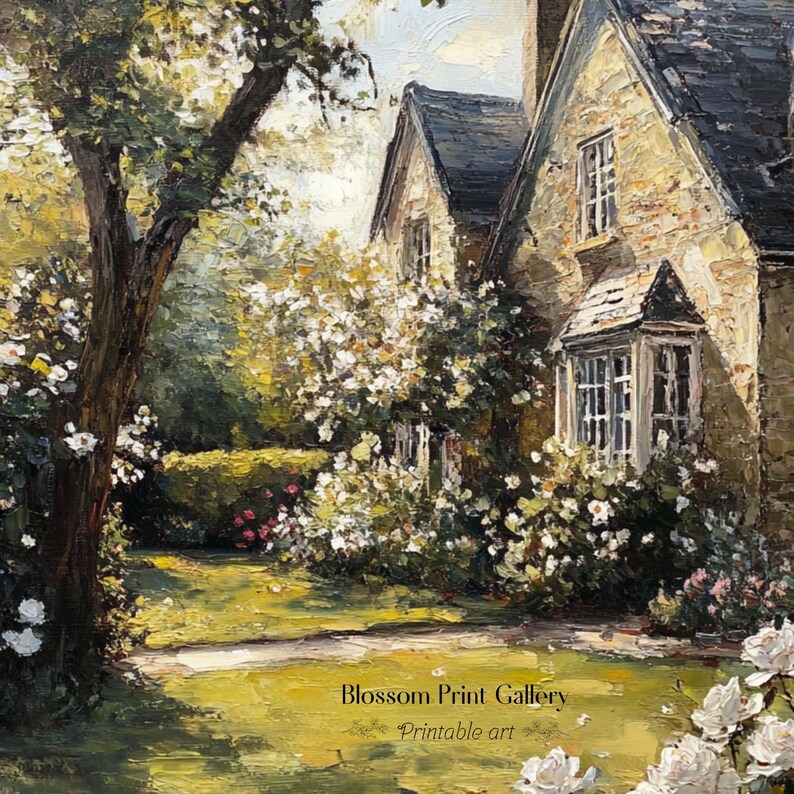 Puede incluir: Una pintura de una casa de piedra con una ventana blanca y un exuberante jard&iacute;n verde con flores blancas. La casa est&aacute; rodeada de &aacute;rboles y arbustos. La pintura se titula "Blossom Print Gallery - Printable art".