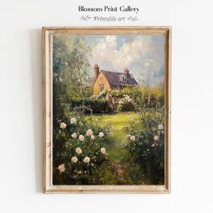 Vintage English Cottage oil Painting, rustic summer art, Cottage Garden Print, Spring Print, rustic Farmhouse PRINTABLE CottageCore art 1005