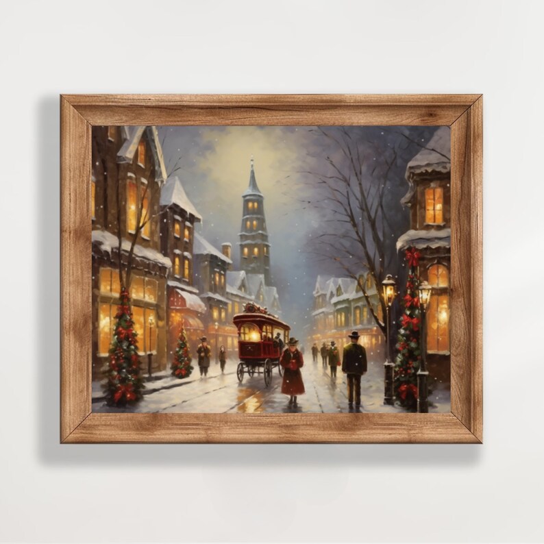 Vintage Christmas Wall Art City Street Painting Festive Holiday Home