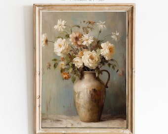 Antique Spring Flowers Still Life Oil Painting rustic Kitchen Wall Art Neutral Vintage Print Farmhouse Decor Flower PRINTABLE 364