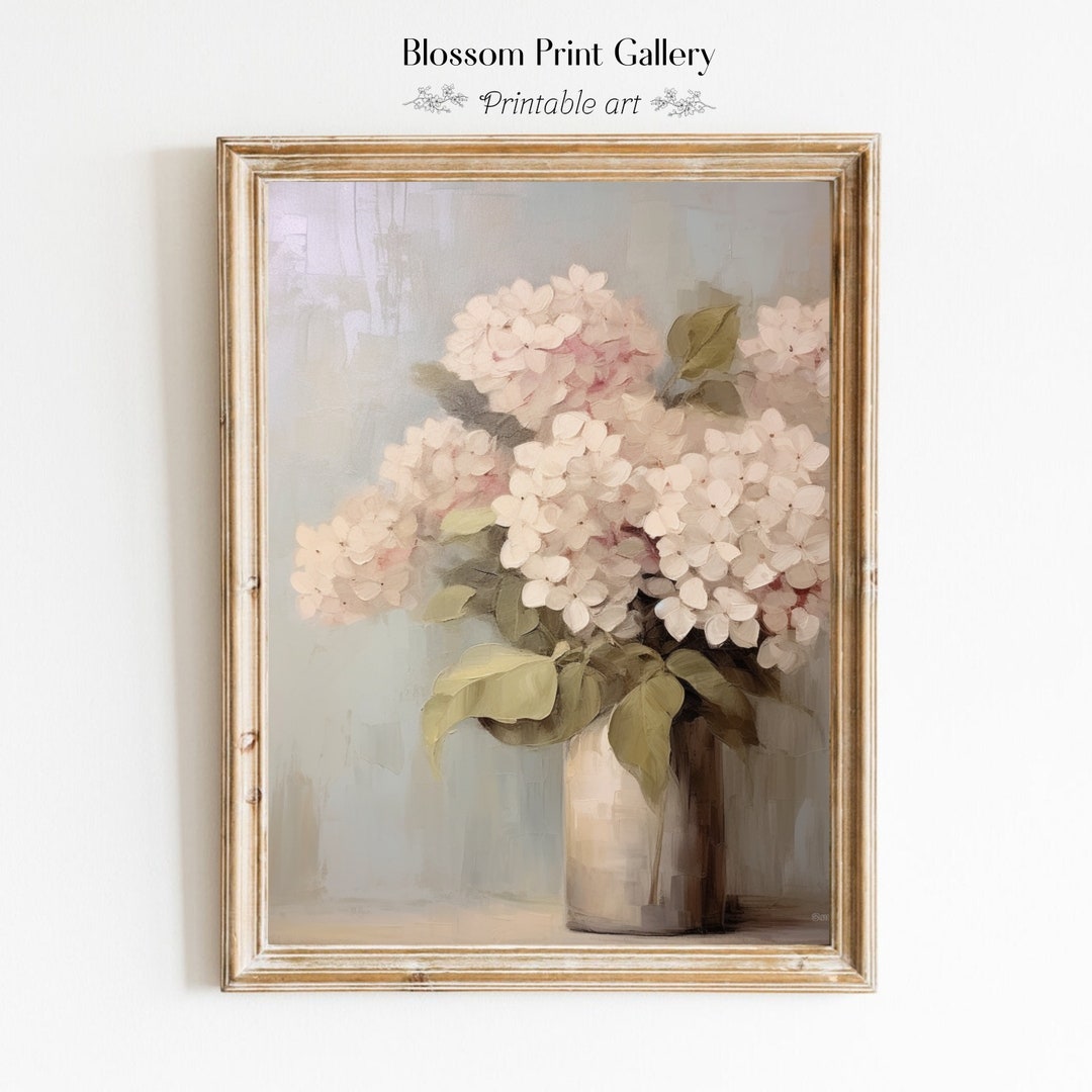 Antique Hydrangeas Wall Art Still Life Oil Painting Muted Vintage Decor ...