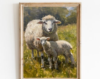 Lamb and Sheep Oil Painting Print, Rustic Farmhouse Decor (Digital Download)