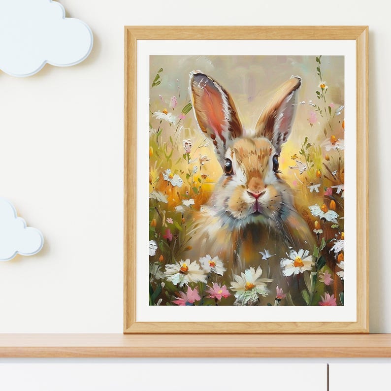 May include: A painting of a brown rabbit with white fur on its chest and belly, sitting in a field of white and yellow flowers. The rabbit has long ears and is looking directly at the viewer.