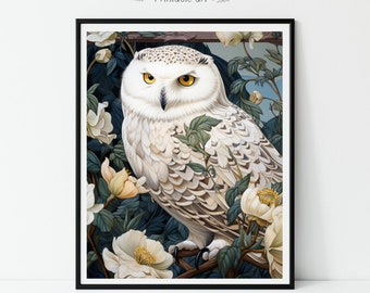 William Morris White Owl Painting Rustic Animal Art Wall decor Countryside Print Antique Printable Fawn Animal farmhouse printable 527