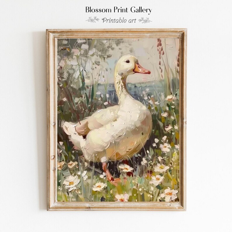 May include: A white goose with a long neck and orange beak stands in a field of white daisies and green grass. The goose is painted in a realistic style with visible brushstrokes. The background is a blurred image of a blue sky and green trees.