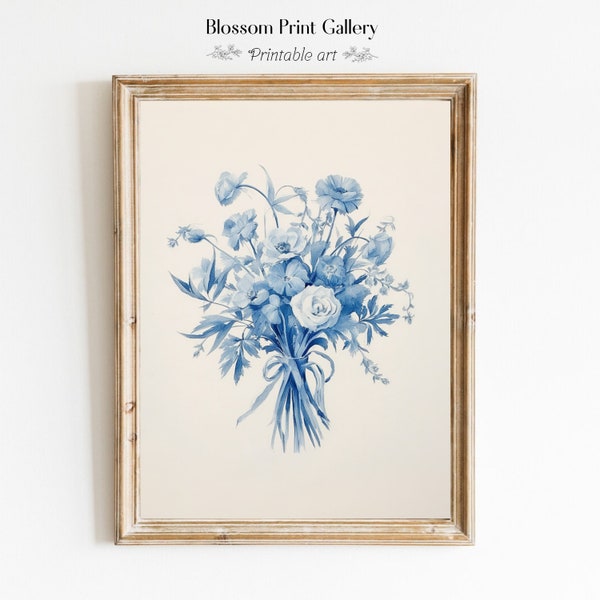 Antique Blue Bouquet Wall Art Victorian flower Sketch minimalist Farmhouse Decor Bedroom Wall Print Botanical PRINTABLE 411