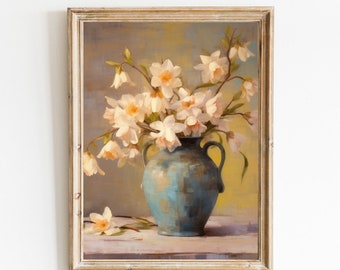 Daffodils Antique Vase Painting Still Life art Home Decor Oil Painting Vintage Botanical Art Neutral minimal wall art Spring PRINTABLE 541