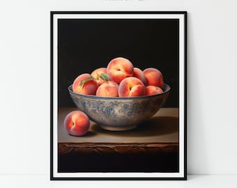 Rustic Peach Paint Vintage Fruit art Moody Kitchen Home Decor Antique Oil Painting Country Wall Art cottagecore decor PRINTABLE Digital 426