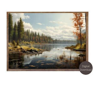 Autumn Landscape Print Vintage Fall Autumn wall art American Forest Lake Art Rustic Fall Decor Moody Wall Art Autumn Digital Download