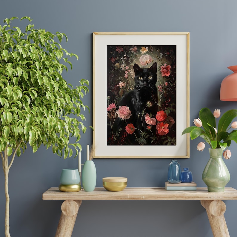 May include: A black cat sits in a field of pink and red flowers. The cat is looking directly at the viewer. The background is dark and blurry.