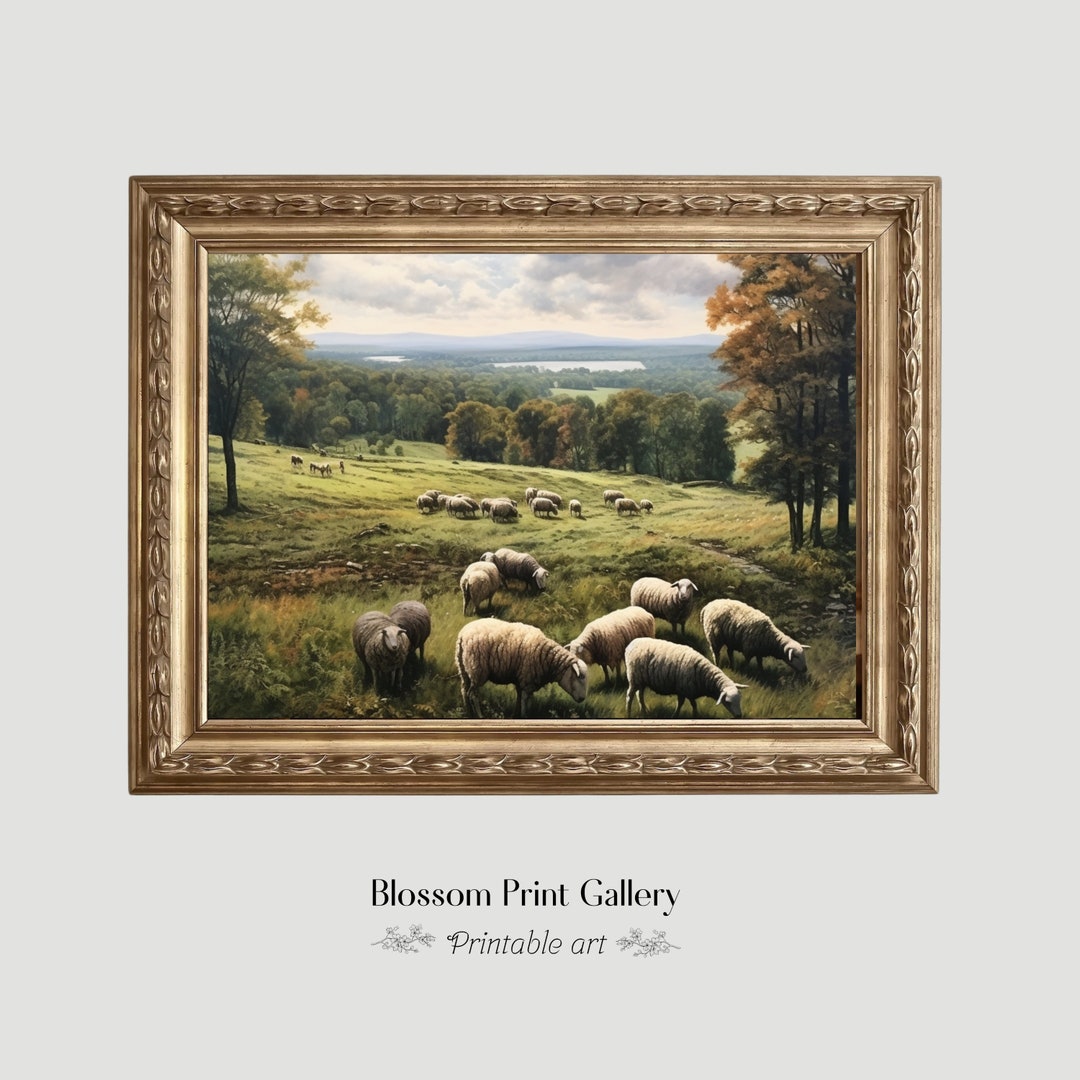 Vintage Sheep Landscape Painting, Neutral Farmhouse Wall Art (digital ...