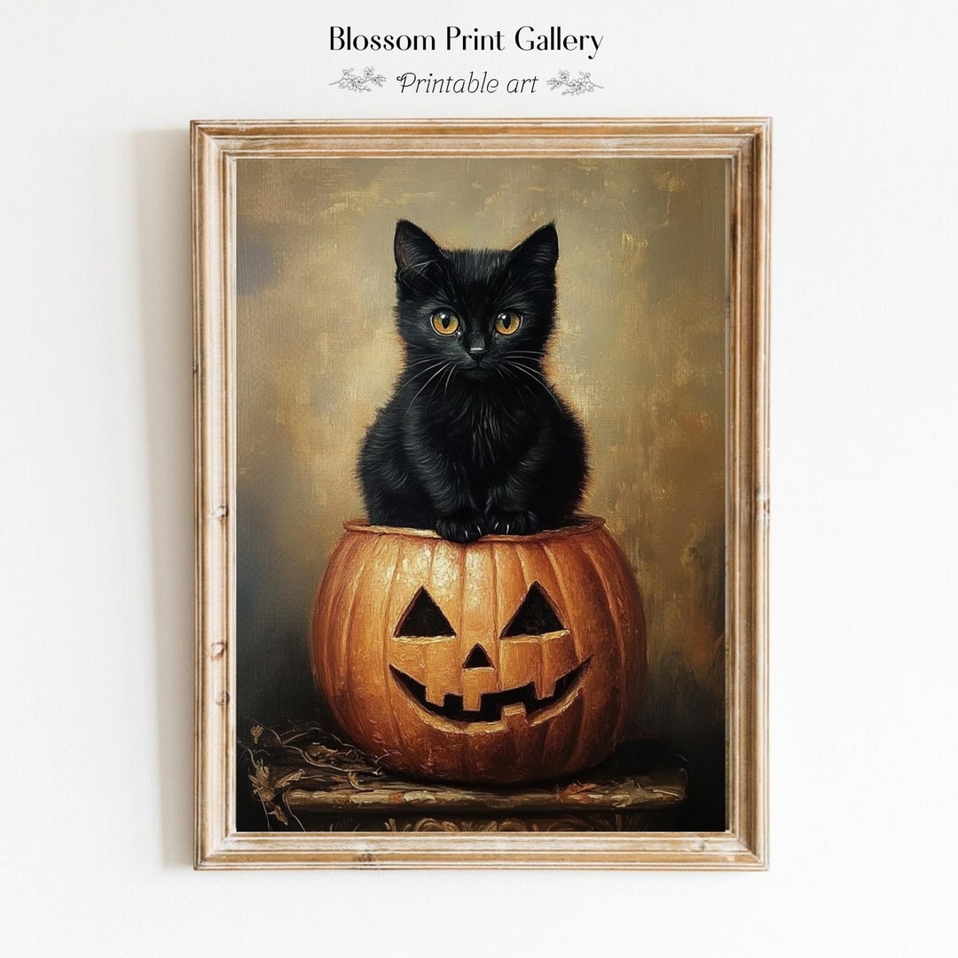 Cat on a Pumpkin Wall Art Black Cat Print Vintage Neutral Halloween ...
