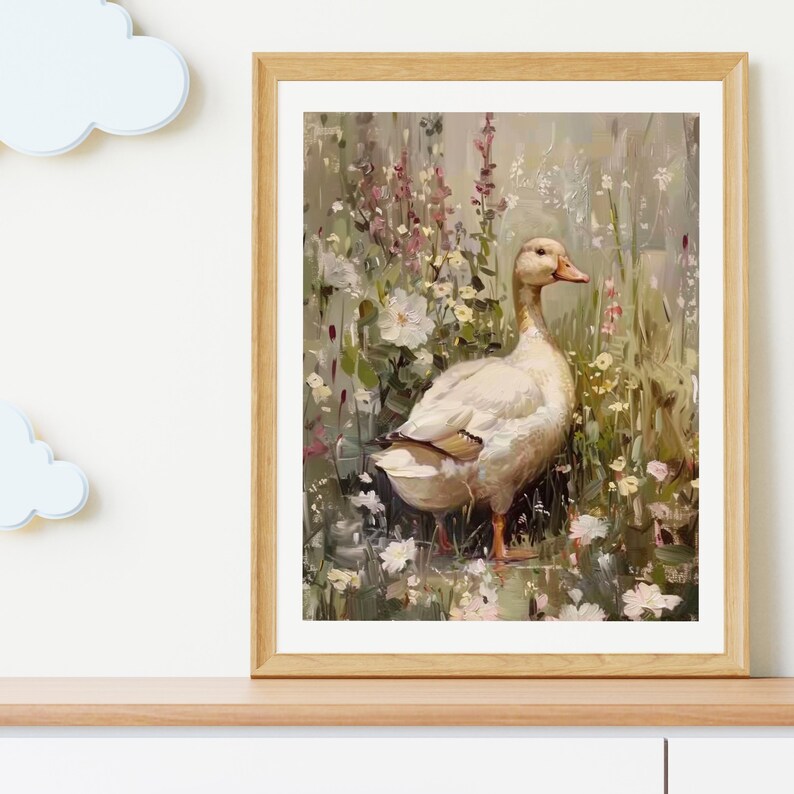 May include: A white duck standing in a field of pink and white flowers. The duck has a long neck and a yellow beak. The flowers are in bloom and the background is a soft green.