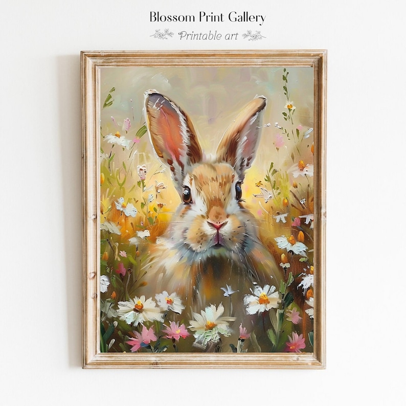 May include: A painting of a brown rabbit with white fur sitting in a field of white and yellow flowers. The rabbit is looking directly at the viewer.