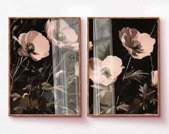 Juego de 2 impresiones de flores góticas vintage, arte mural floral melancólico, decoración botánica oscura, imprimible botánico rústico S1