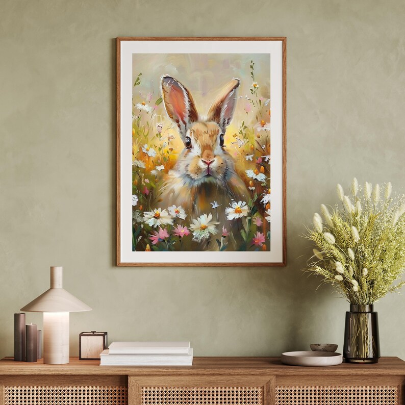 May include: A painting of a brown rabbit with white fur on its chest and ears, sitting in a field of white and pink flowers. The rabbit is looking directly at the viewer.