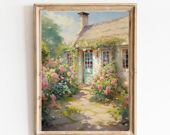 Cuadro al óleo vintage con diseño de jardín de rosas en una casa de campo rústica (descarga digital)