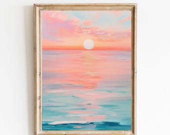 パステル画による夕焼けの海景：ビーチハウスのアートプリント