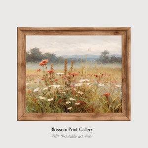 Spring Meadow Painting Vintage Landscape art Vintage Farm House Country Field Oil Painting Wildflower Field printable Digital Download 309