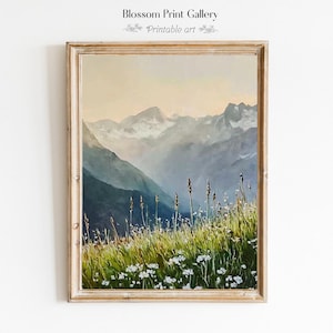 Nature Landscape Printable, green Country wall Art, neutral mountain poster, Wildflower Field print, cabin Decor, Digital Download 1062